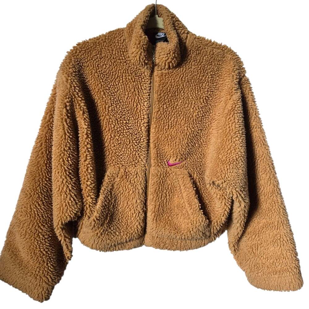 Nike Sherpa Fleece Womens Tan Full-Zip Teddy Jacket Sz S